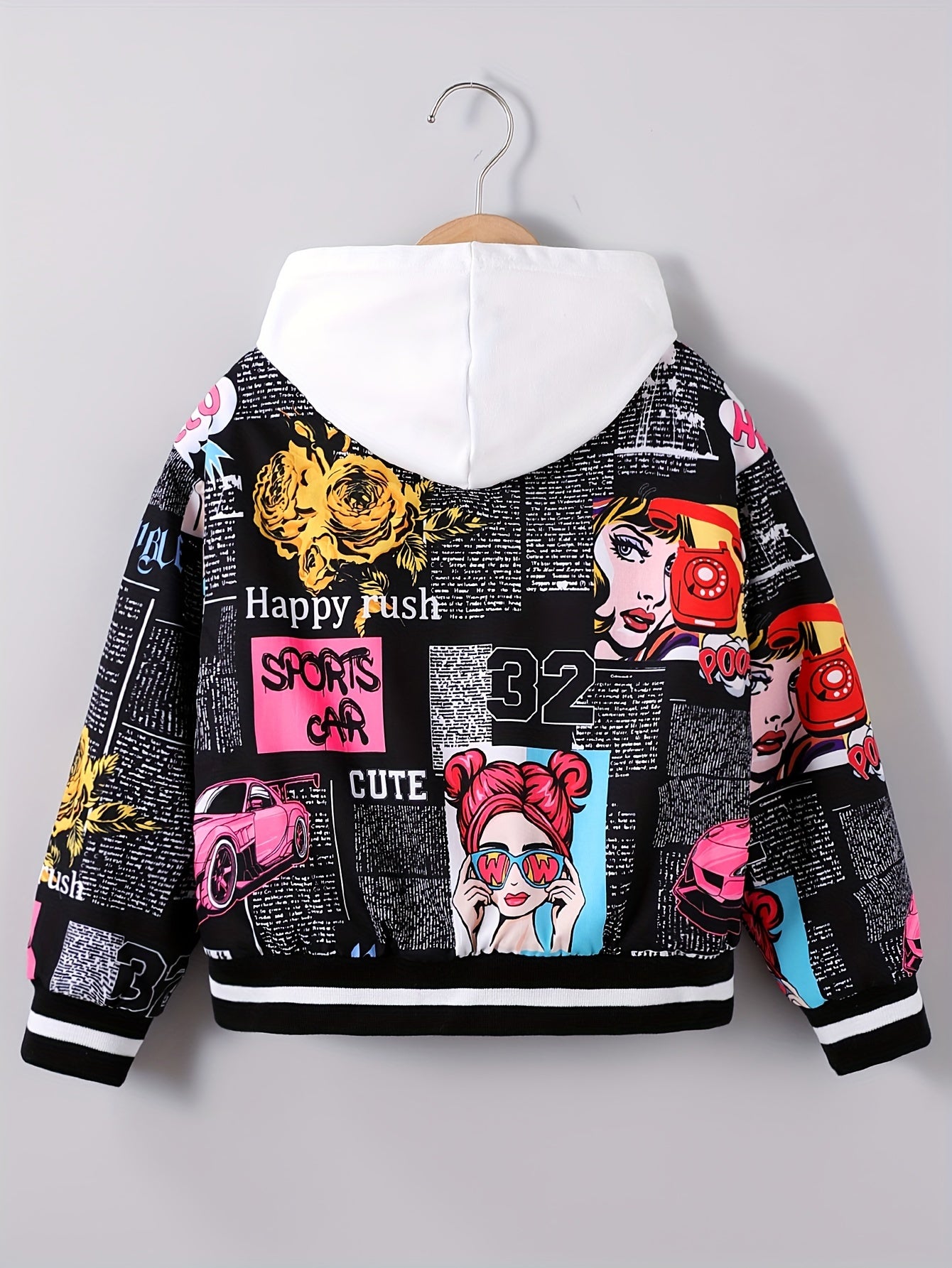Chaqueta bomber con forro polar y estampado pop art para niña: abrigo informal con cremallera estilo béisbol para otoño/invierno, tallas 130-170