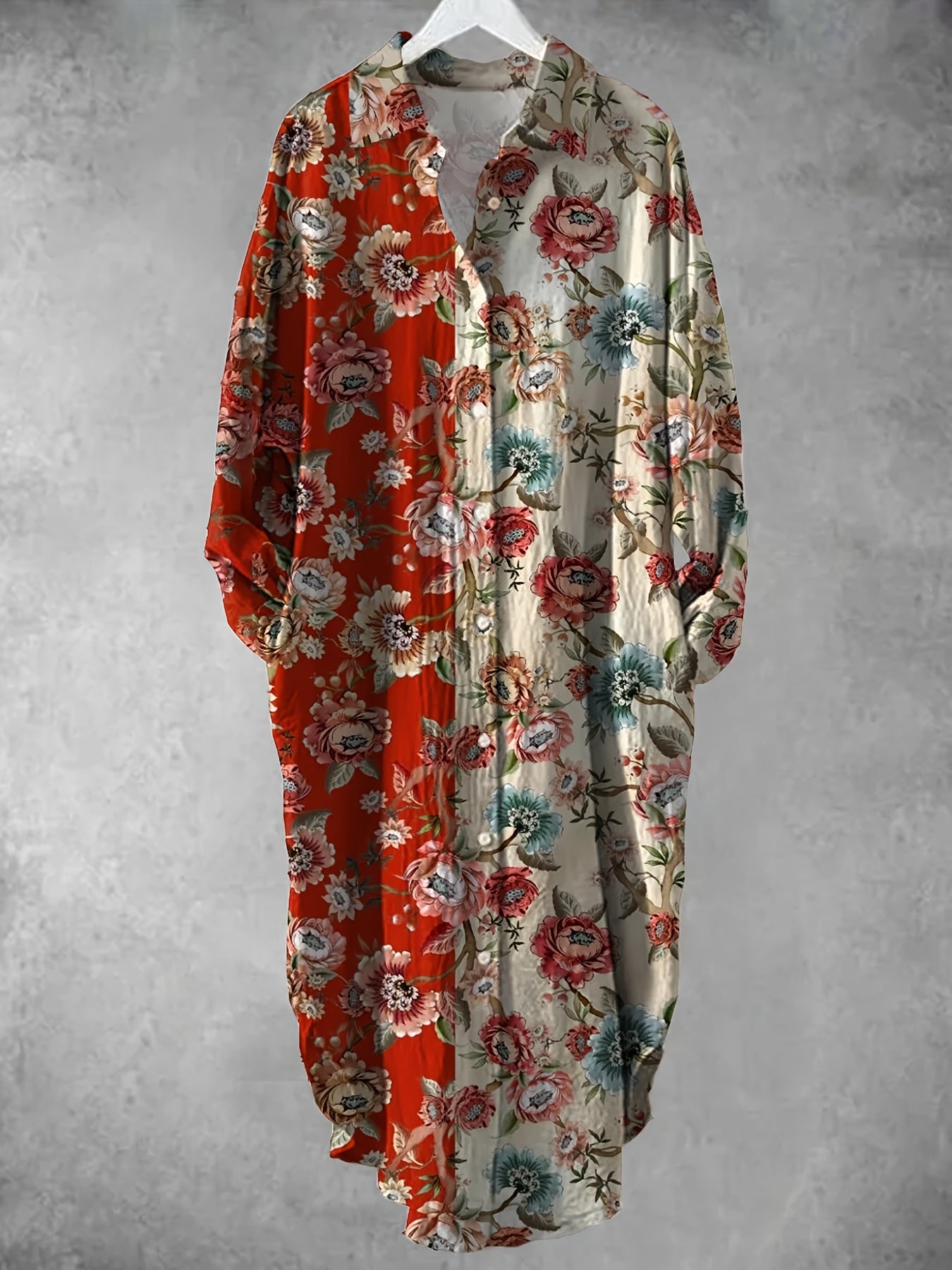 Plus Size - Elegant Floral Print Maxi Dress with Long Sleeves - Blue & White Floral Design, Button-Up Front, Casual Style for Women, All-Season Wear, Casual Summer Dress | Floral Print Dress | Nonstretch Fabric