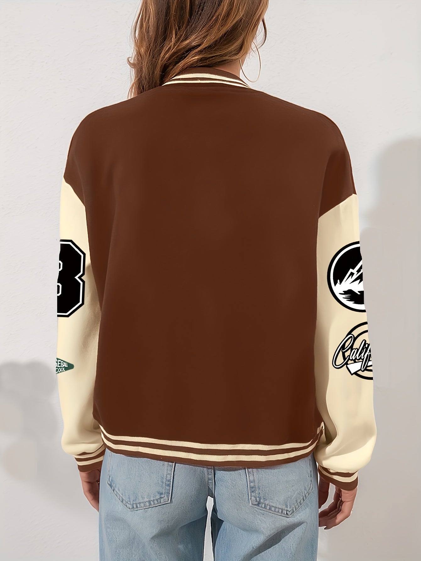 Chic Plus Size Women's Baseball Jacket - Casual Fall/Winter Coat with Letter Print, Button-Up Front, Machine Washable