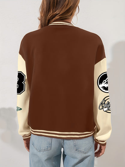 Chic Plus Size Women's Baseball Jacket - Casual Fall/Winter Coat with Letter Print, Button-Up Front, Machine Washable