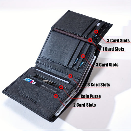 Cartera de cuero genuino para hombre, estilo retro, delgada, vertical, corta, para tarjetas de identificación y crédito.