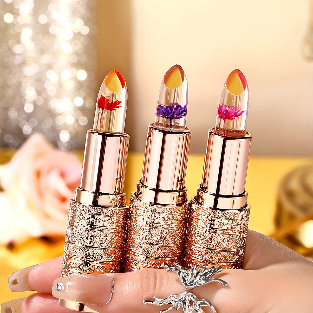 3pcs Hypoallergenic Petal Color-Changing Lip Balm with Vitamin E - Long-Lasting, Moisturizing, Temperature-Sensitive Lipstick in Metallic Tubes, Perfect Mother's Day Gift for Women