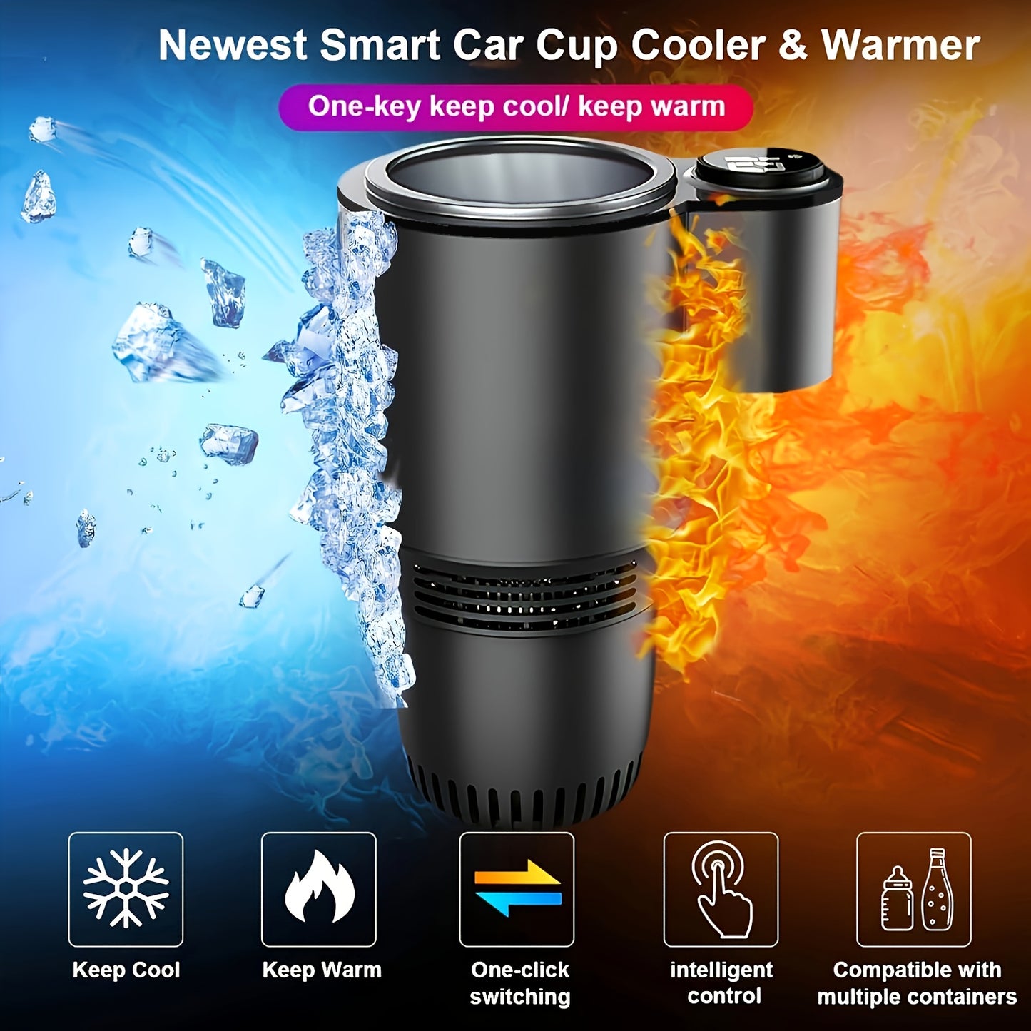 EFGHONG Smart Car Cup Cooler & Warmer - 2-in-1 Beverage Holder with One-Click Temperature Control, Portable for Bottles up to 18.6oz, Black, Fits Vehicle Cup Holders