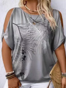 Women's Plus Size Print Off-Shoulder T-Shirt - Casual Short Sleeve Round Neck Top, Machine Washable Spring Summer Fashion Tee, Ladies T Shirts, Relaxed Fit Tee, Oneshoulder Style, Flowy Fabric