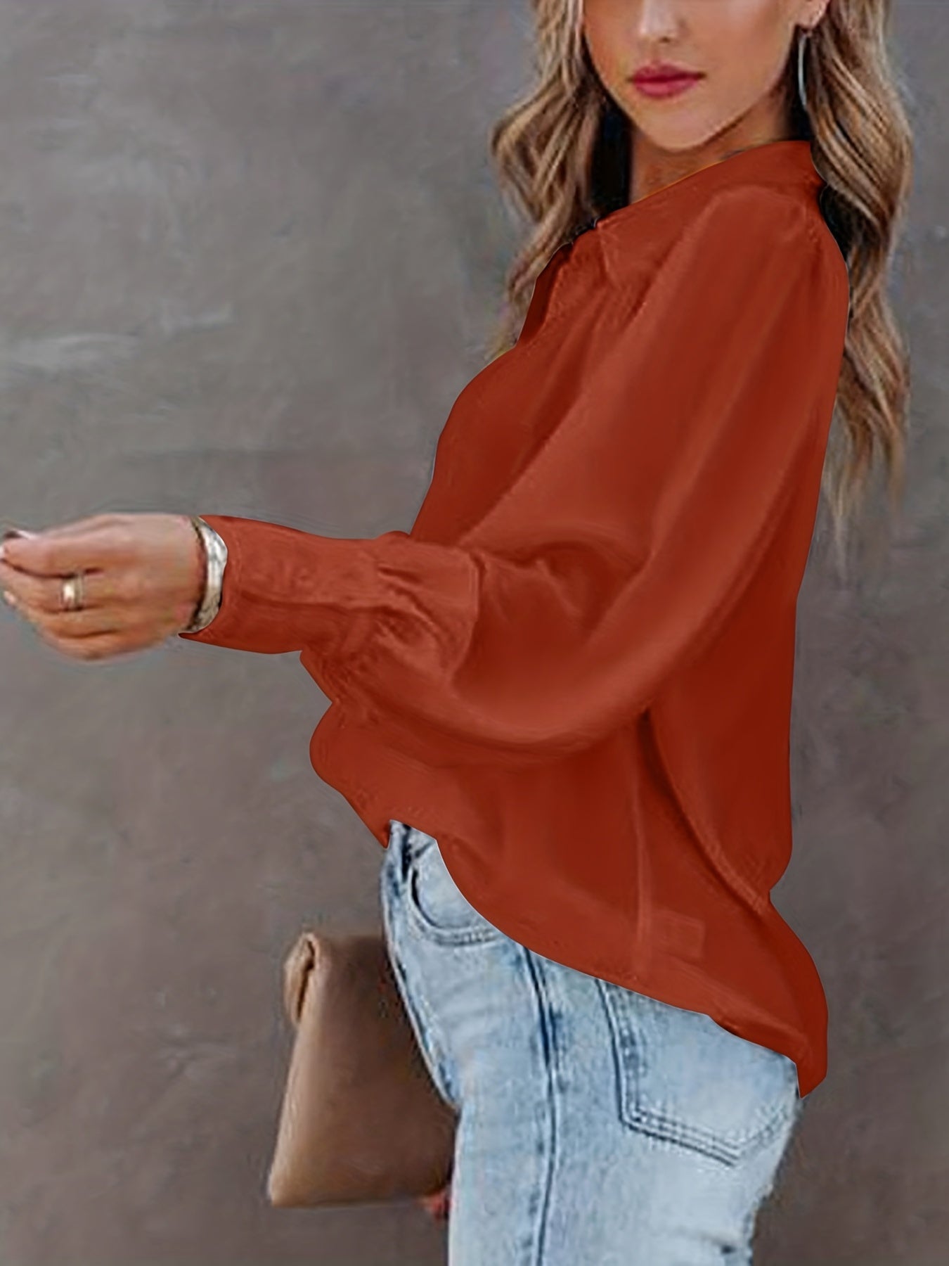 Blusa básica de talla grande para mujer, con botones, mangas farol, cuello vuelto, ligeramente elástica