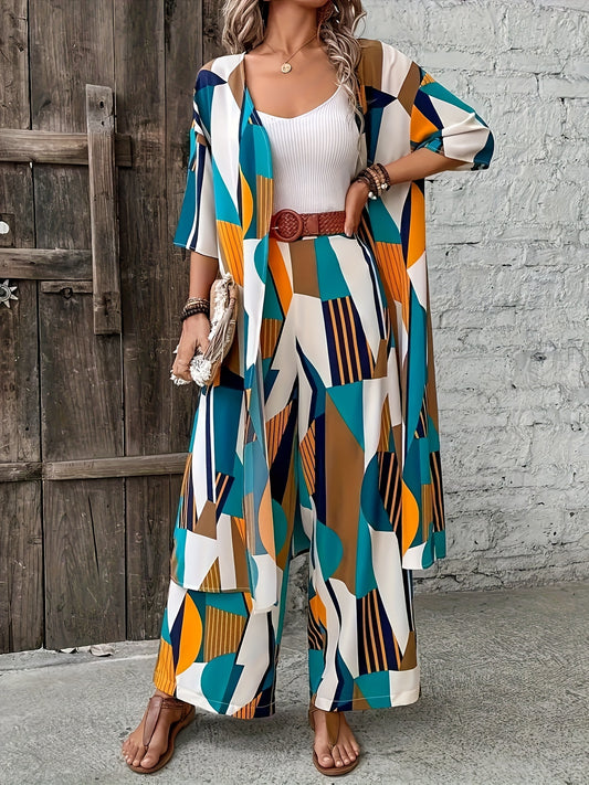 Elegant Polyester Suit Set For Women, Geometric Print, Open-Front Blouse And Wide-Leg Pants, Casual And Fashionable Outfit For Daily And Leisure Wear