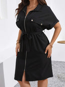 Elegant Plus Size Black Dress for Women - Summer Long Dress with Batwing Sleeves, Front Zipper, and Tie Waist