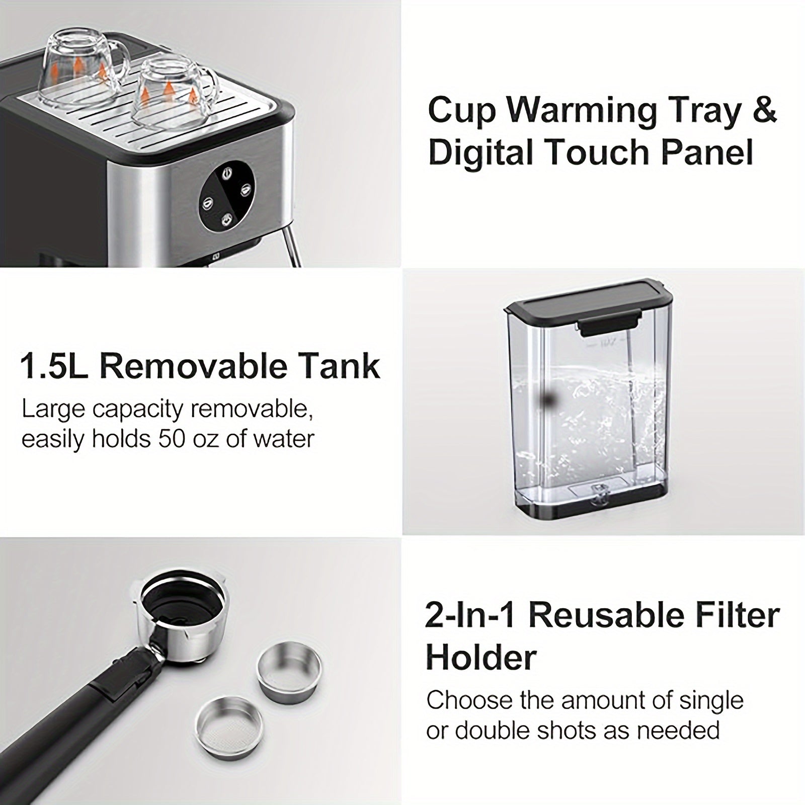 Espresso Machine, 20 Bar Expresso Coffee Machine, 1.5L Removable Water TankSemi-Automatic Coffee Machine With Steam Wand For Espresso, Latte, And Cappuccino, 1050W(FREE Add Plug Adapter)