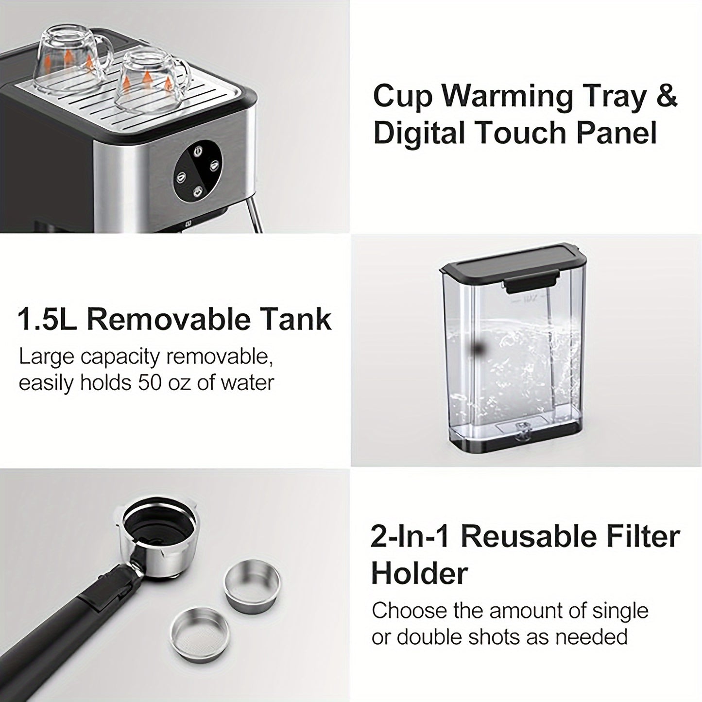Espresso Machine, 20 Bar Espresso Coffee Machine, 1.5L Removable Water TankSemi-Automatic Coffee Machine With Steam Wand For Espresso, Latte, And Cappuccino, 1050W(FREE Add Plug Adapter)