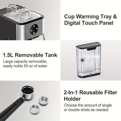 Espresso Machine, 20 Bar Expresso Coffee Machine, 1.5L Removable Water TankSemi-Automatic Coffee Machine with Steam Wand for Espresso, Latte, And Cappuccino, 1050W(FREE Add Plug Adapter) for Winter