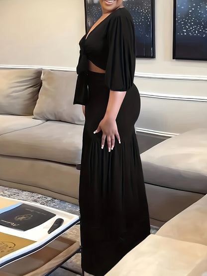 Plus Size Solid Color Casual V-Neck Long Sleeve Set