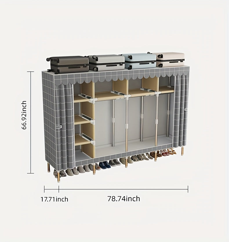 Simplified assembly of steel pipes with thickened reinforcement and 10 large capacity storage racks and 3 hanging clothes poles for storing wardrobes, easy and convenient assembly of checkered fabric cabinets