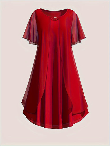 Elegant Plus Size Chiffon-Look Dress for Women - Crew Neck, Short Sleeve with Metallic Detail, Perfect for Spring/Summer/Fall