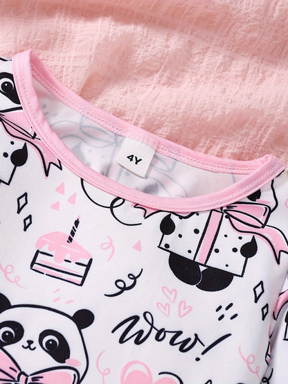 Autumn and Winter 2pcs Set for Girls, Cartoon Cute Panda Love Letters Cake Pattern Printed Round Neck Sweater, Long Sleeve with Drawstring and Elastic Pants, Casual and Comfortable Body-hugging Pajama Set