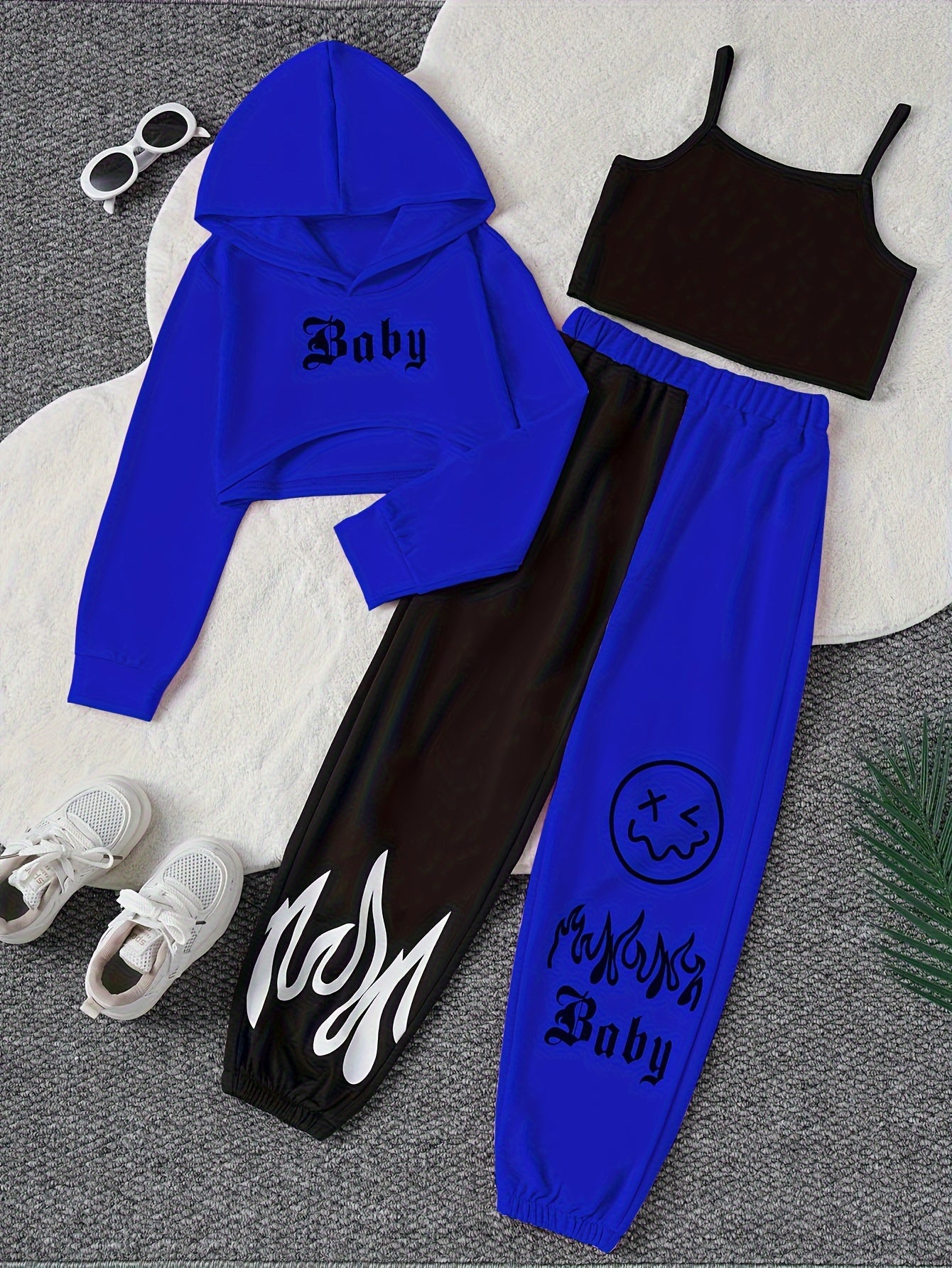 Color Clash 3pcs Girls casual outdoor clothing Set, Long Sleeve Crop Hoodie Top + Camisole + Trousers - Spring/Fall Clothes, Casual Outfit, Gift