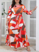 Elegant Women's Plus-Size Dress with Tie Waist, Casual Fashionable Long Sleeve Camouflage Print Knit Fabric with Pocket, X-Shape Fit, Round Neck, Straight Hem, No Bra Pad - Spring/Summer/Autumn