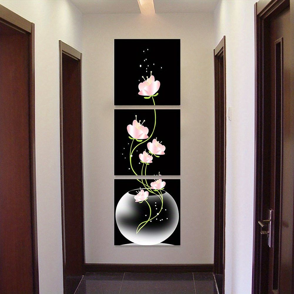 3 lienzos cuadrados con flores rosas, arte de pared para sala de estar, entrada, decoración del hogar, sin marco.