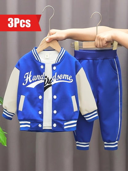 3pcs 95% cotton Boy's Letter Print Long Sleeved Baseball Suit, Casual Crew Neck Slightly Stretch Set, Ideal For Daily And Outdoor Wear