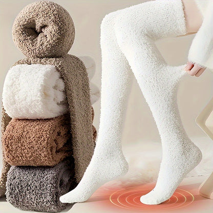 2-Pack Coral Velvet Women'S Over Knee Socks - Winter Snow Fleece Leg Socks, Non-Shedding, Thick Warm Polyester Knit Fabric, Fluffy Comfort Floor Socks, Hand Wash Only