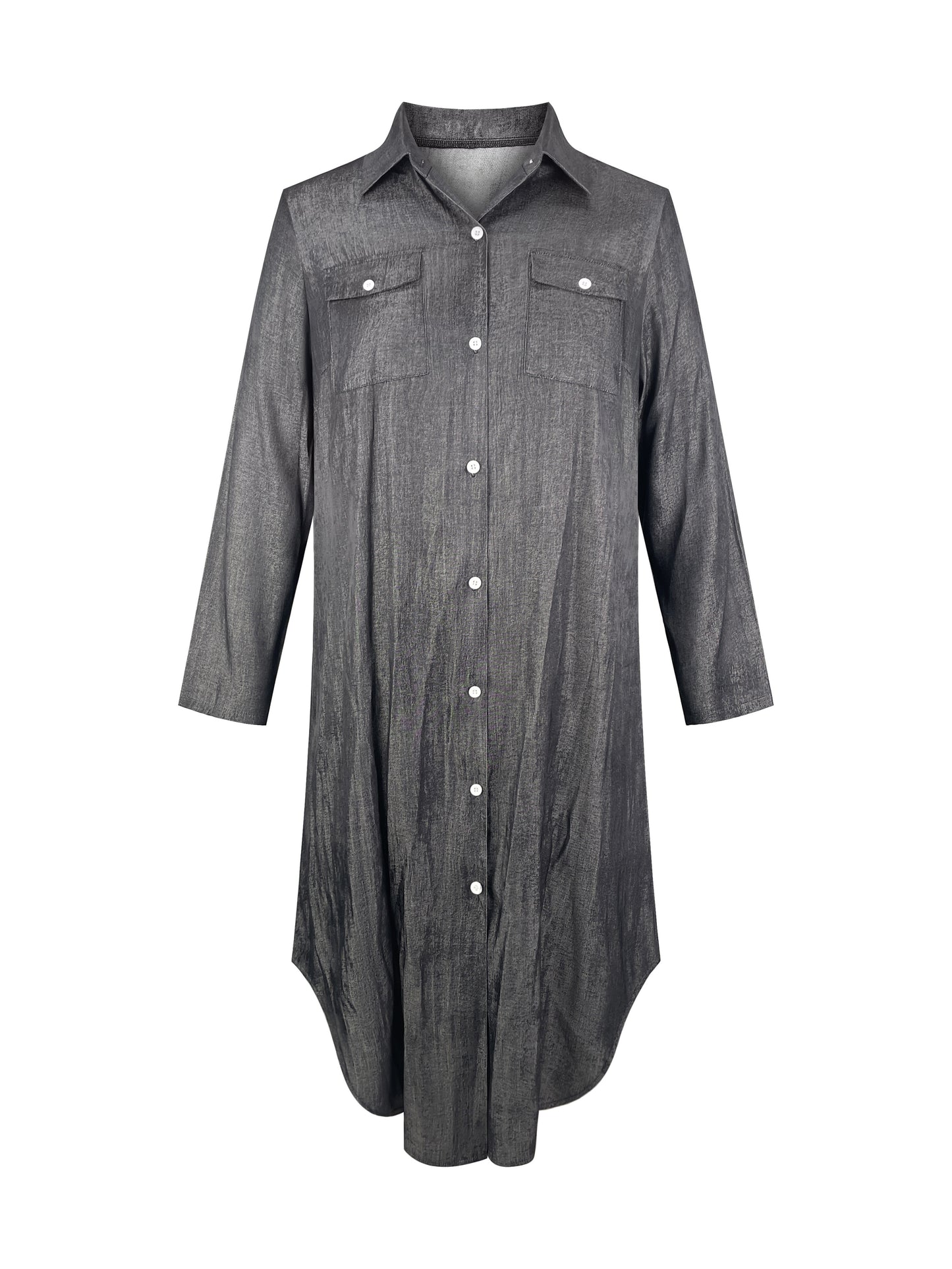 Plus Size Women'S Casual Button-Up Shirt Dress with Solid Color, Woven Polyester, Non-Stretch, All-Season Long Sleeve Dress with Flip Collar