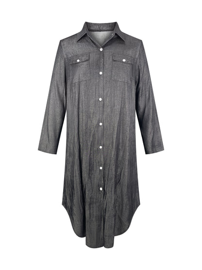 Plus Size Women'S Casual Button-Up Shirt Dress with Solid Color, Woven Polyester, Non-Stretch, All-Season Long Sleeve Dress with Flip Collar