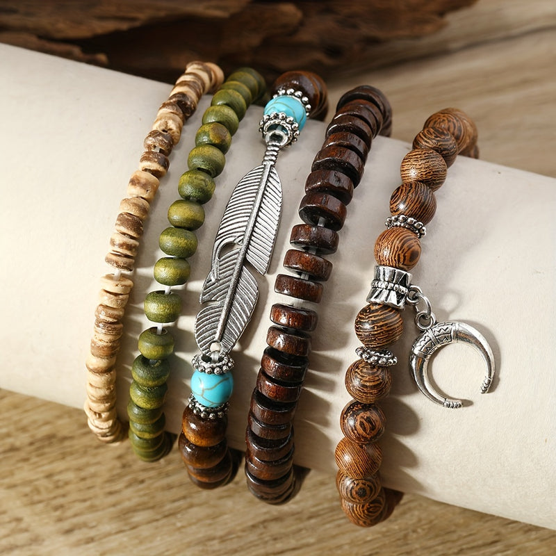 41pcs Fashion Bracelet Set - Elegant Wooden Beads with Butterfly, Heart & Evil Eye Charms for Casual Attire