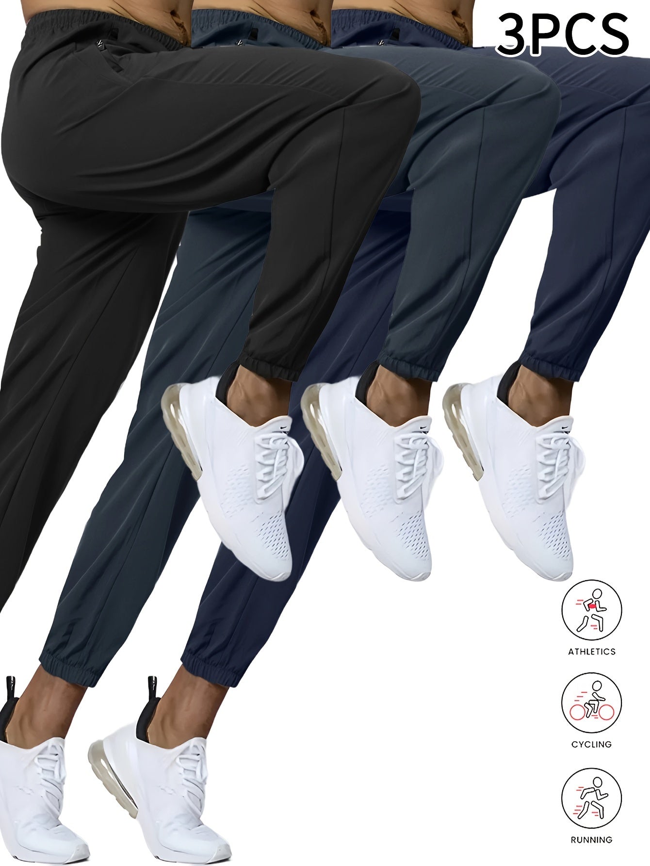 3pcs Men's High-Waist Athletic Pants - Breathable, Quick-Dry Fabric with Zipper Pockets | Ideal for Gym, Running & Outdoor Activities | Slim Fit, All-Season Wear in Black, Navy, Dark Blue, Yoga Apparel|Smooth Texture Pants|Br