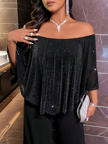 1pc Elegant Off-the-Shoulder Glitter Top and Culottes Set for Women, Polyester Knit Fabric with Slight Stretch, Solid Color, Spring/Summer/Fall Fashion, 96% Polyester 4% Elastane