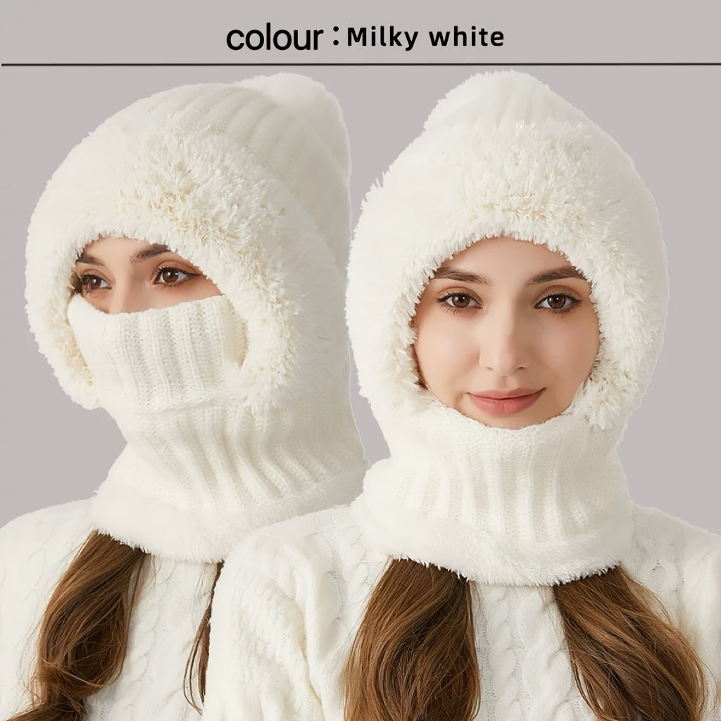 1pc Winter Warmth Acrylic Fleece-Lined Knit Beanie with Ear Flaps, Windproof Neck Gaiter Hood for Outdoor Cycling, Stretchable New Year'S Gift Hat, 100% Acrylic Woven Craftsmanship