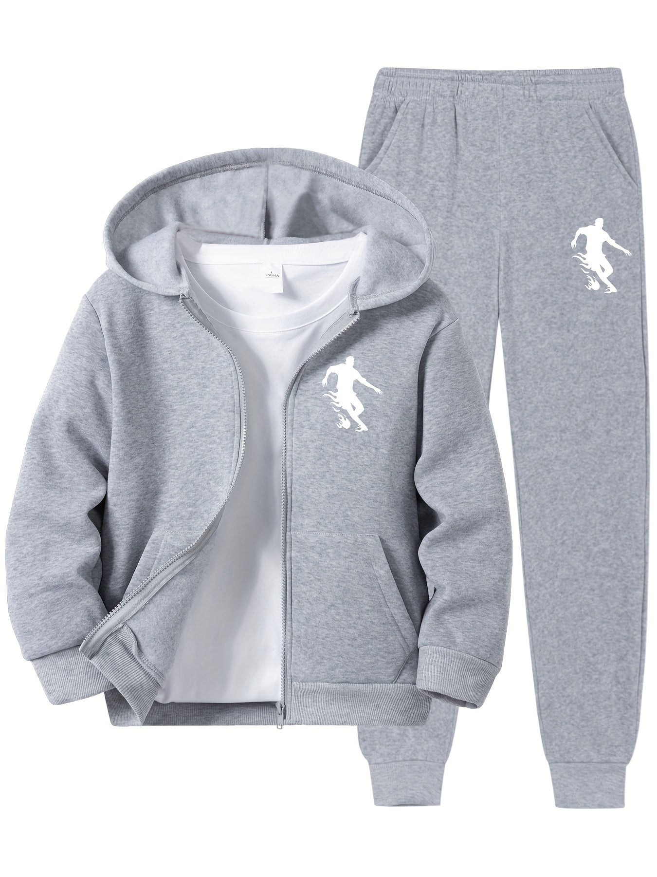 Kids' Soccer Player Print Hooded Tracksuit Set - Polyester Hoodie and Sweatpants with Zipper, Long Sleeve, Casual Geometric Pattern, Slight Stretch Fabric for Daily Wear and Jogging, Fall/Winter Collection for Boys and Girls,