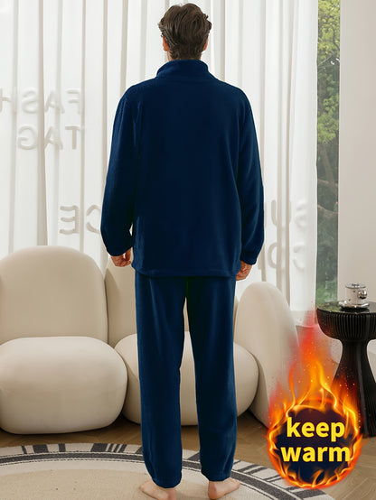Conjunto de pijama de hombre con camiseta y pantalón de franela con bordado de letras, cuello alto, cremallera y manga larga para otoño e invierno.