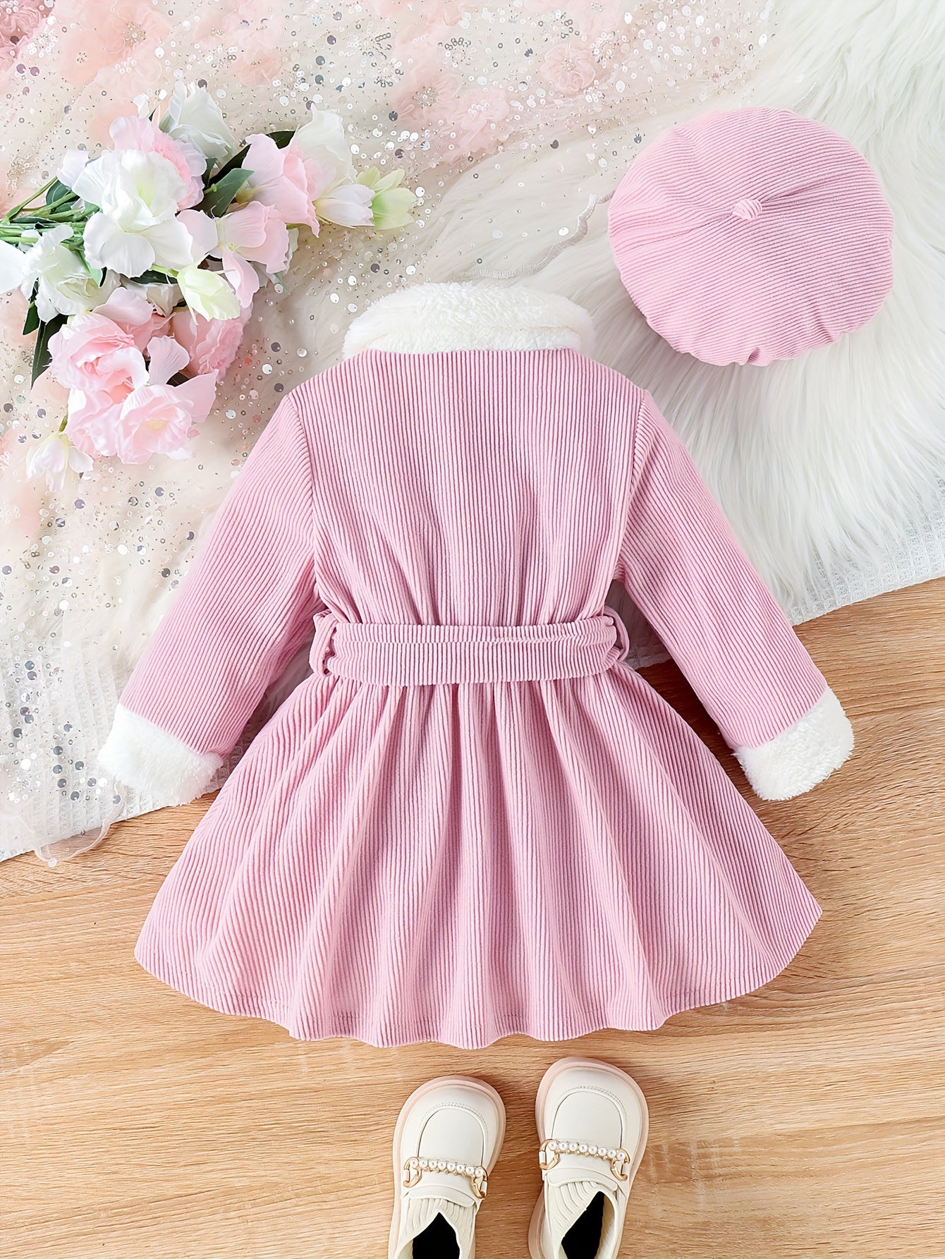 Baby's Elegant Fuzzy Collar Corduroy Long Sleeve Dress + Hat + Belt, Infant & Toddler Girl's Dress For Daily Wear/Holiday/Party, As Gift