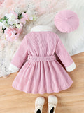 Baby's Elegant Fuzzy Collar Corduroy Long Sleeve Dress + Hat + Belt, Infant &amp; Toddler Girl's Dress For Daily Wear/Holiday/Party, As Gift