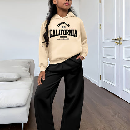 Conjunto de sudadera con capucha y pantalón ancho para niña, informal, con estampado de letras y dibujos animados, 304, poliéster elástico, corte holgado, otoño/invierno, tejido de punto, ropa juvenil, para exteriores.