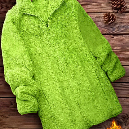 Plus Size Solid Color Fuzzy Coat, Casual Zipper Front Long Sleeve Warm Outerwear For Fall & Winter, Women's Plus Size Clothing