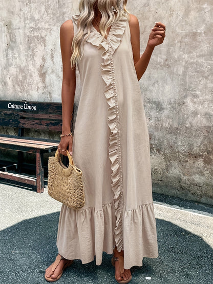 Elegant Beige V-Neck Sleeveless Dress with Ruffle Detail - Casual Polyester, A-Line Flare, Machine Washable for Spring/Summer