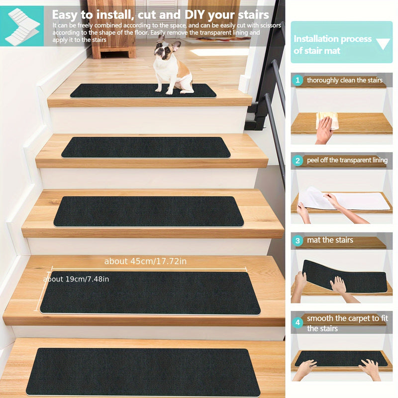 15pcs Reusable Self-Adhesive Hardwood Step Carpet Stair Treads, Indoor Activity Pet Non-Slip Safety