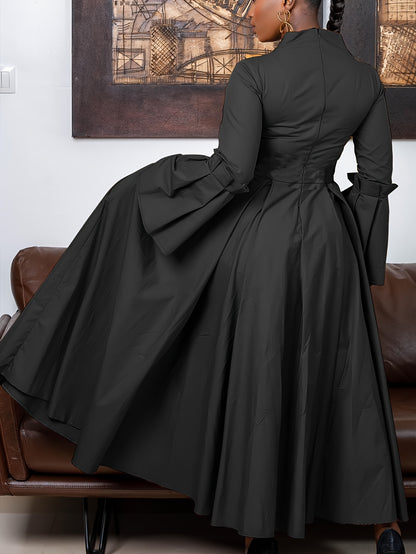 Plus Size Solid Color Dress, Elegant Flare Sleeve V Neck Dress For Spring & Fall, Women's Plus Size Clothing