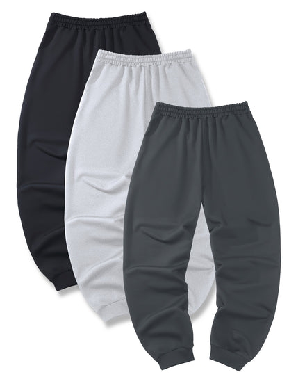 3pcs Solid Color Men's Regular Fit Jogger Sweatpants With Drawstring And Pockets, Chic And Trendy Trousers For Spring And Autumn Outdoors And Sports Wear