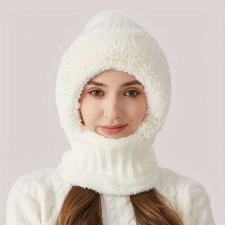1pc Winter Warmth Acrylic Fleece-Lined Knit Beanie with Ear Flaps, Windproof Neck Gaiter Hood for Outdoor Cycling, Stretchable New Year'S Gift Hat, 100% Acrylic Woven Craftsmanship
