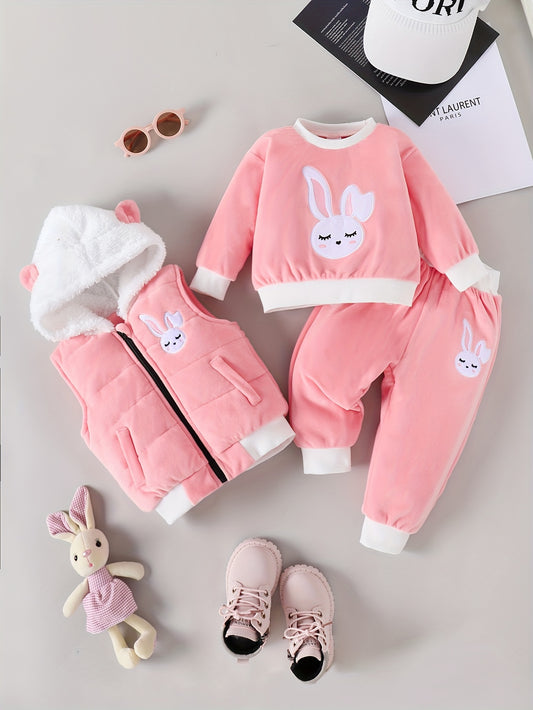 Baby Girl's 3pcs Outdoor Set With Long Sleeve Sweatshirt + Trousers + Hooded Coat Vest, Cute Rabbit Embroidery Design, Autumn And Winter Suit