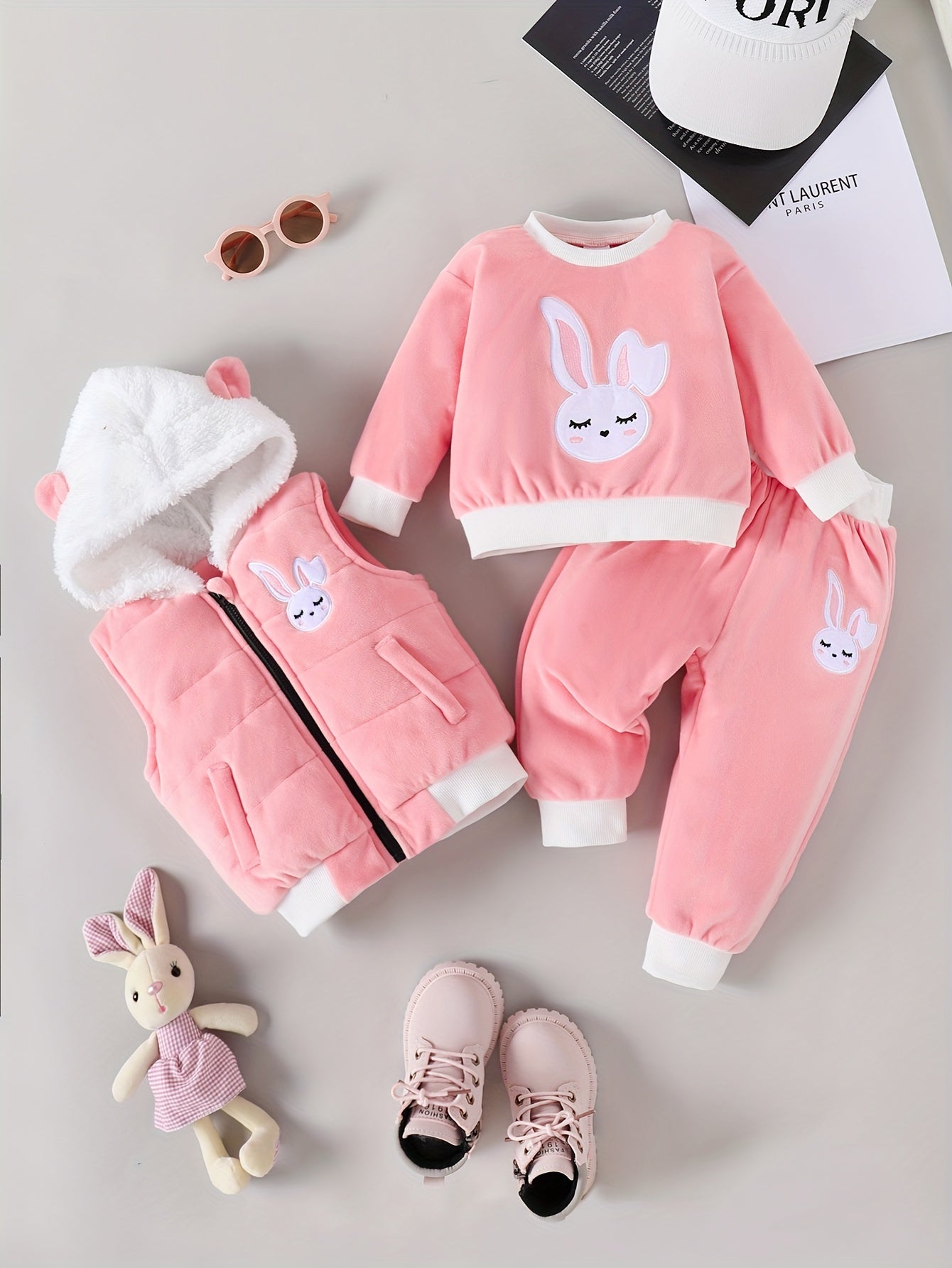Baby Girl's 3-piece Outdoor Set With Long Sleeve Sweatshirt + Trousers + Hooded Coat Vest, Cute Rabbit Embroidery Design, Autumn And Winter Suit