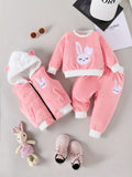 Baby Girl's 3-piece Outdoor Set With Long Sleeve Sweatshirt + Trousers + Hooded Coat Vest, Cute Rabbit Embroidery Design, Autumn And Winter Suit