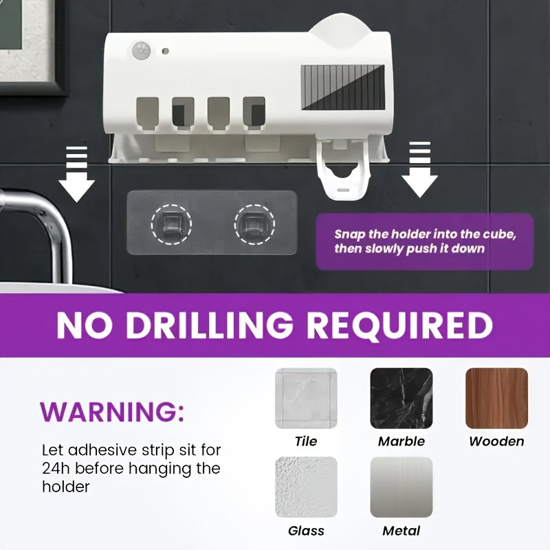 1pc Smart UV Disinfecting Toothbrush Holder with Solar Panel, Wall-Mounted 4-Slot Toothbrush Sanitizer and Squeegee Toothpaste Dispenser, Automatic Power-Off, Bathroom Accessory, No-Drill Installation, USB Rechargeable Lithiu