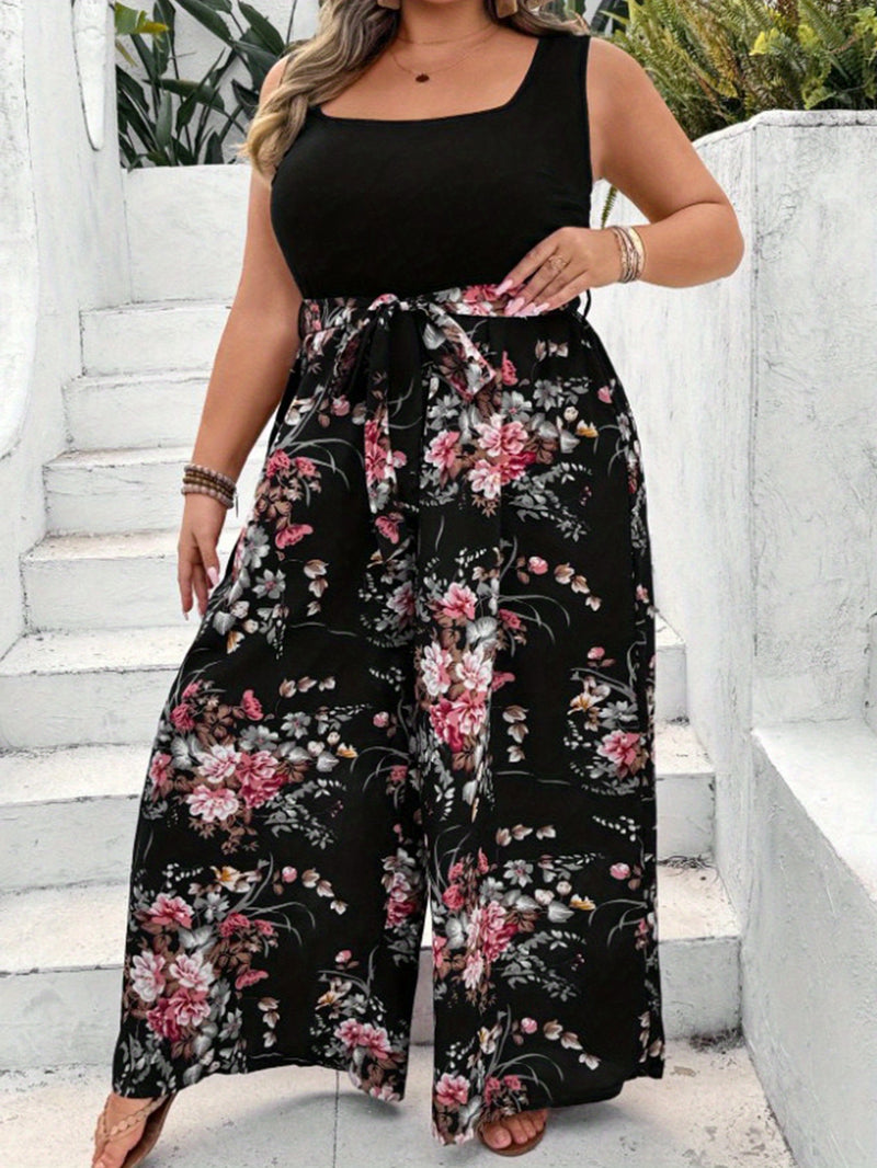 Plus Size - Women'S Elegant Sleeveless Floral Print Jumpsuit with Belt - Stretchy, Loose Fit, Square Neck, Long Length, Black with Pink & White Flowers, All-Season Comfort, Casual Wear Jumpsuit | Floral Print Jumpsuit | Comfo