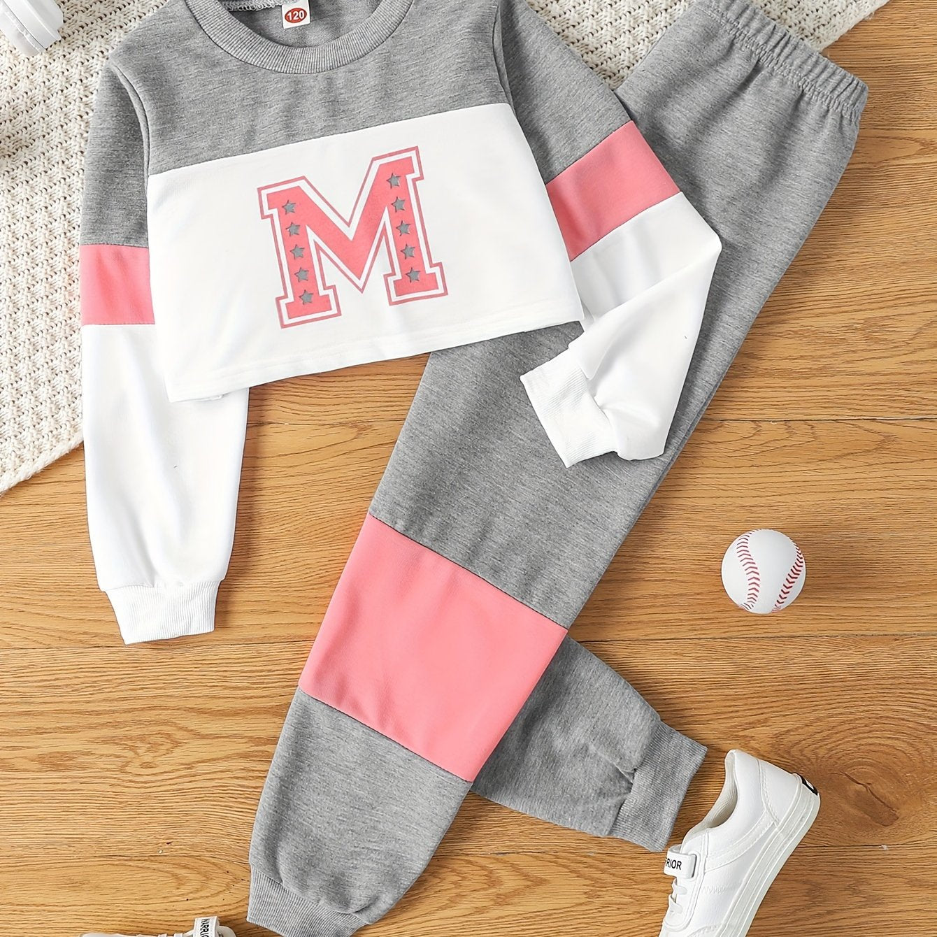 Youngsters's Spring and Autumn Style Letter Print Round Neck Short Long Sleeve Top and Color-Matching Spliced Long Pants Casual Two-Piece Set, Perfect for Outdoor