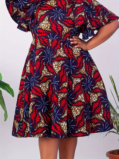 Women's Plus Size Floral Print Dress - Casual Crew Neck, Short Sleeve with Ruffle Hem, Machine Washable - Perfect for Spring & Fall, Plus Size Casual Dress