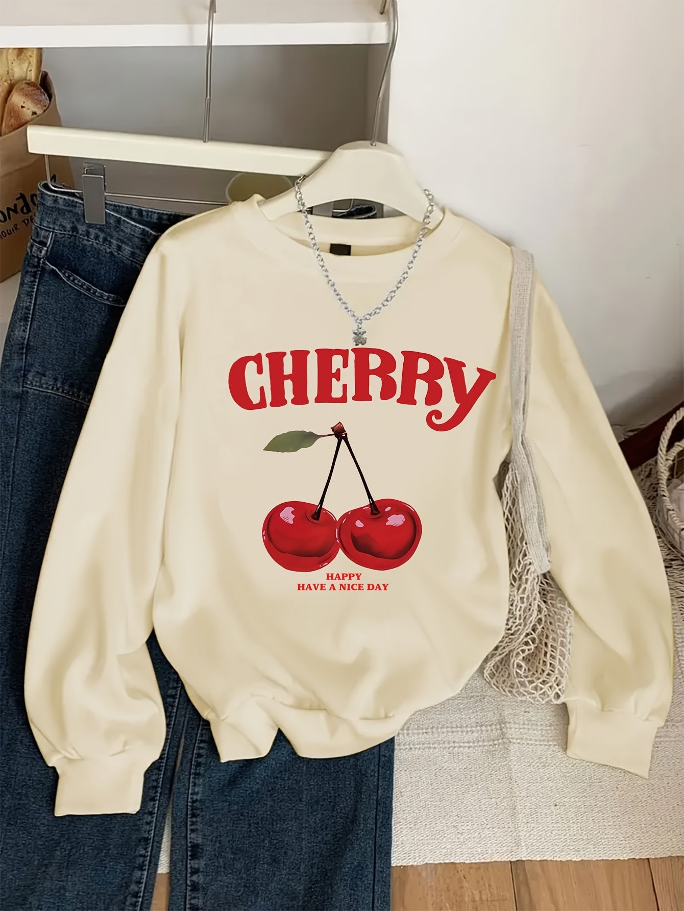 Girls' Vintage Cherry & Letter Print Casual Sweatshirt - Cozy Polyester, Round Neck, Long Sleeve for Fall/Winter