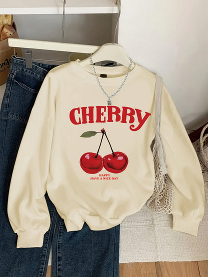 Girls' Vintage Cherry & Letter Print Casual Sweatshirt - Cozy Polyester, Round Neck, Long Sleeve for Fall/Winter