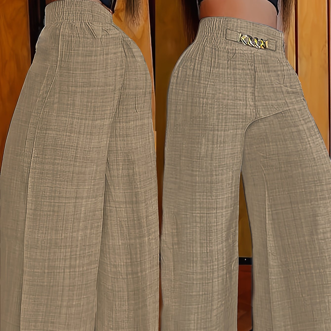 Elegante pantalón ancho con cintura fruncida. Mezcla de poliéster, sin elasticidad, color liso, apto para todas las estaciones.